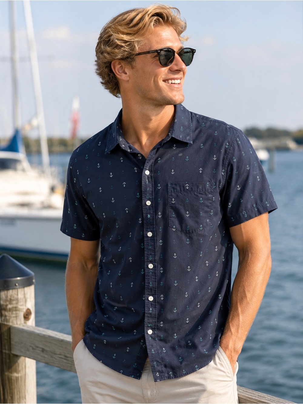 Izod Navy Short-Sleeve Button-Up Shirt with Anchor Print
